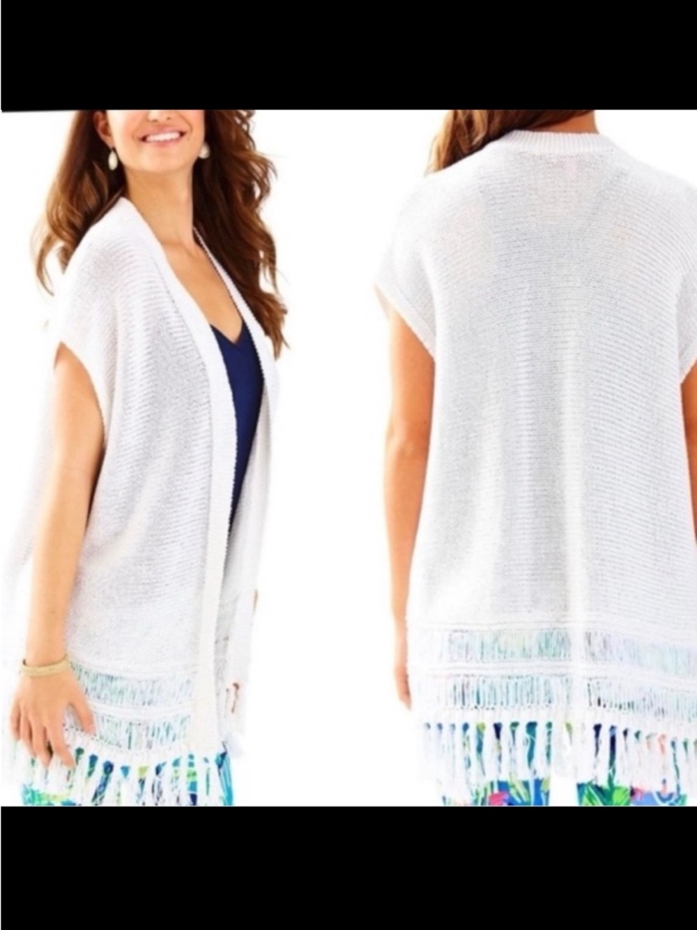 Lilly Pulitzer Women's White Fringe Sleeveless 100% Cotton Cardigan Size L/XL